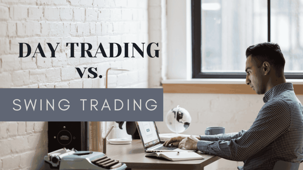 A person sitting at a table working on a laptop, comparing day trading and swing trading.